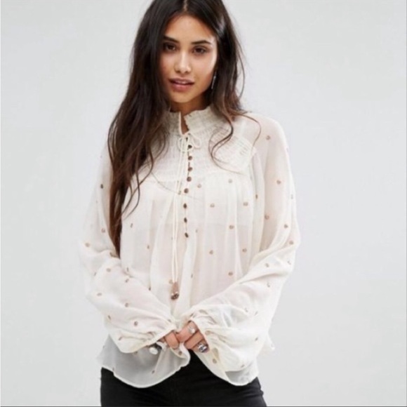 FREE PEOPLE Sheer Cream Metallic Gold Clip Dot Smocked Oversized Tunic Blouse - Picture 10 of 17